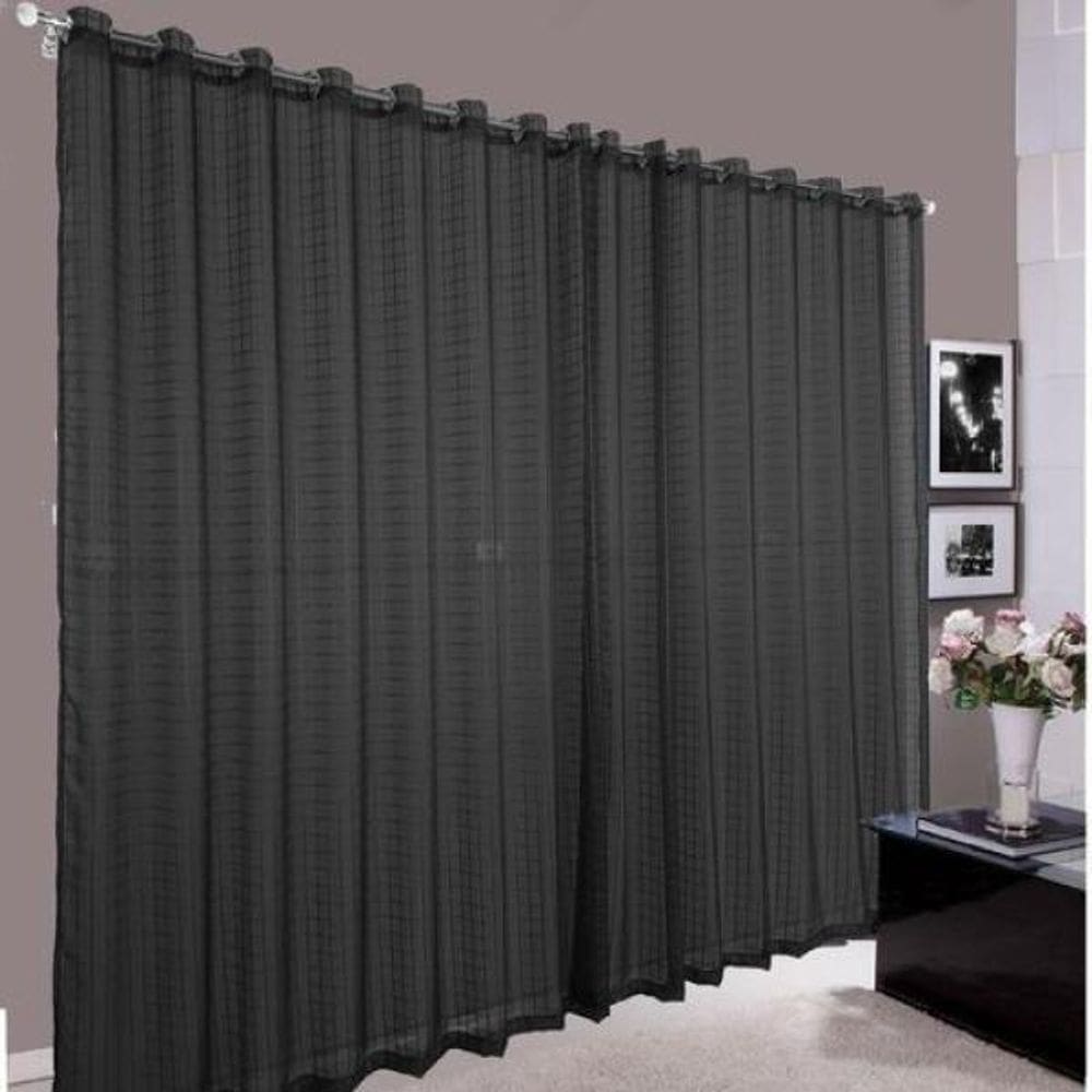 Cortina Pra Sala Grande Voal Quadriculado Preto 6,00X2,80