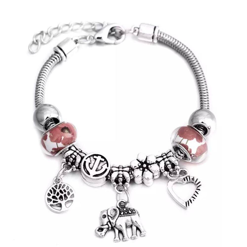 Pulseira Berloque Prateada Elefante Coração Detalhes W8563