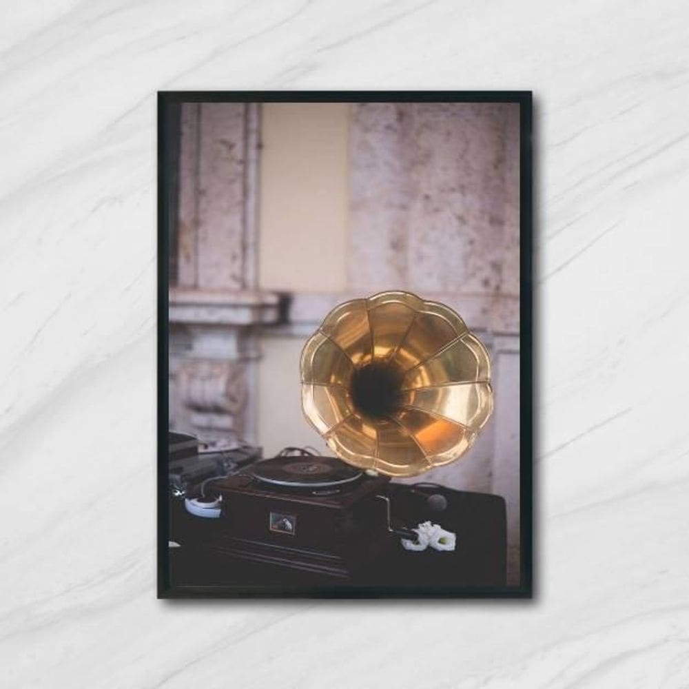 Quadro Fotografia Gramofone 45X34Cm Com Vidro Moldura Preta