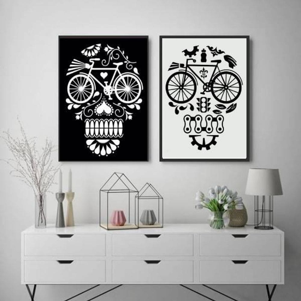 Kit 2 Quadros Caveiras Bicicletas 24X18Cm