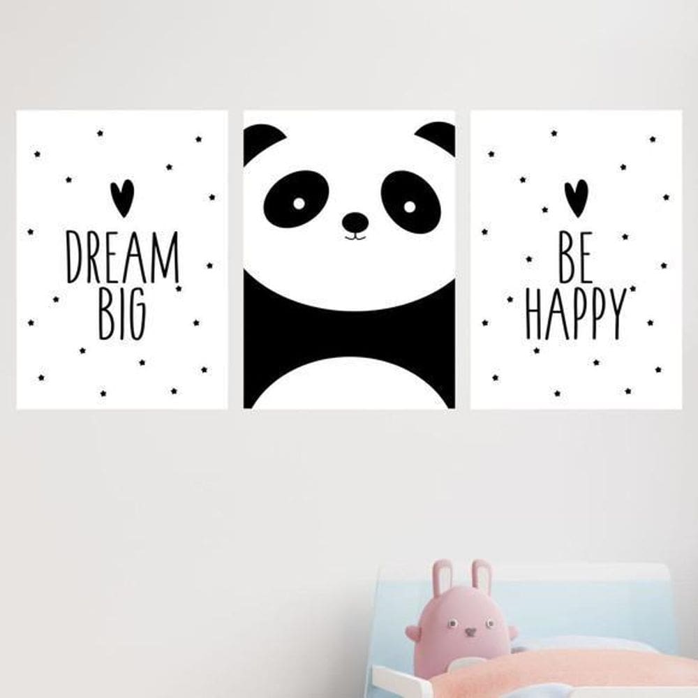 Kit 3 Quadros Panda - Dream Big - Be Happy 24X18Cm