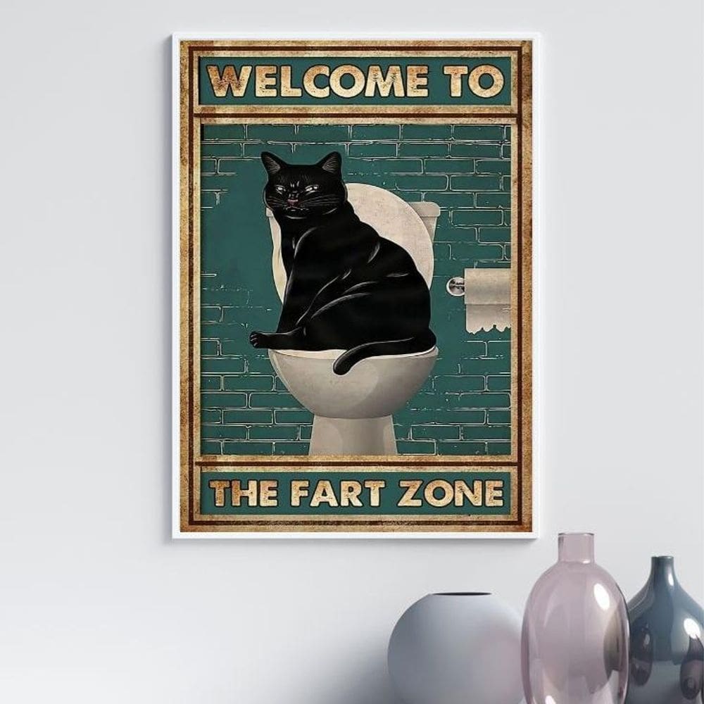 Quadro Divertido Banheiro Gato - Fart Zone 33X24Cm
