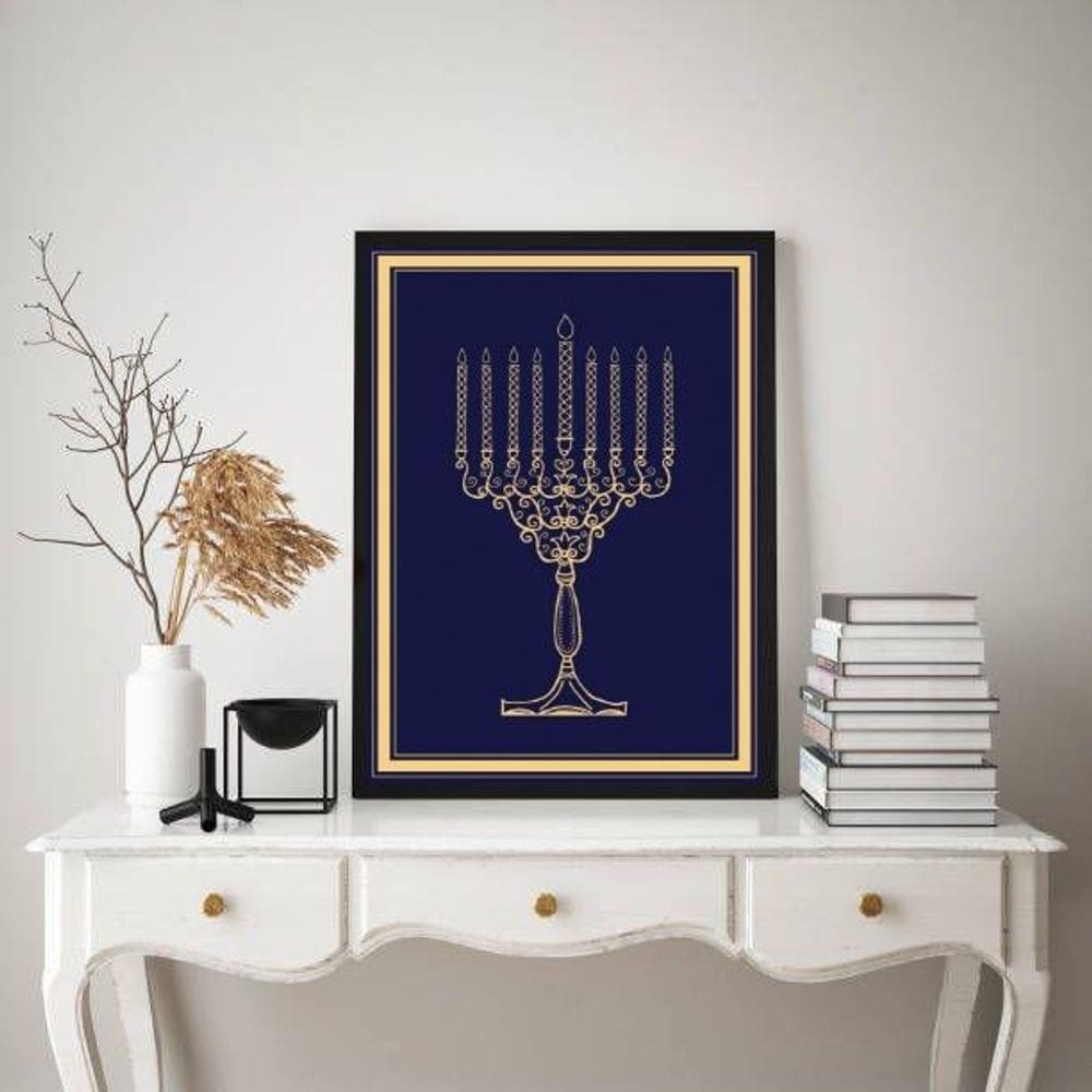 Quadro Judaico Menorah 45x34cm Moldura Preta