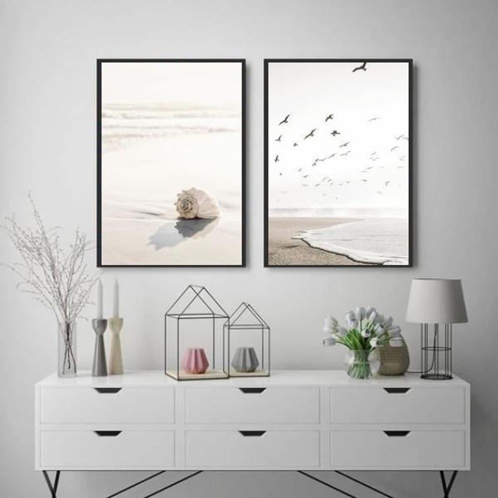 Kit 2 Quadros Decorativos Mar Nude 45X34Cm - Madeira Preta
