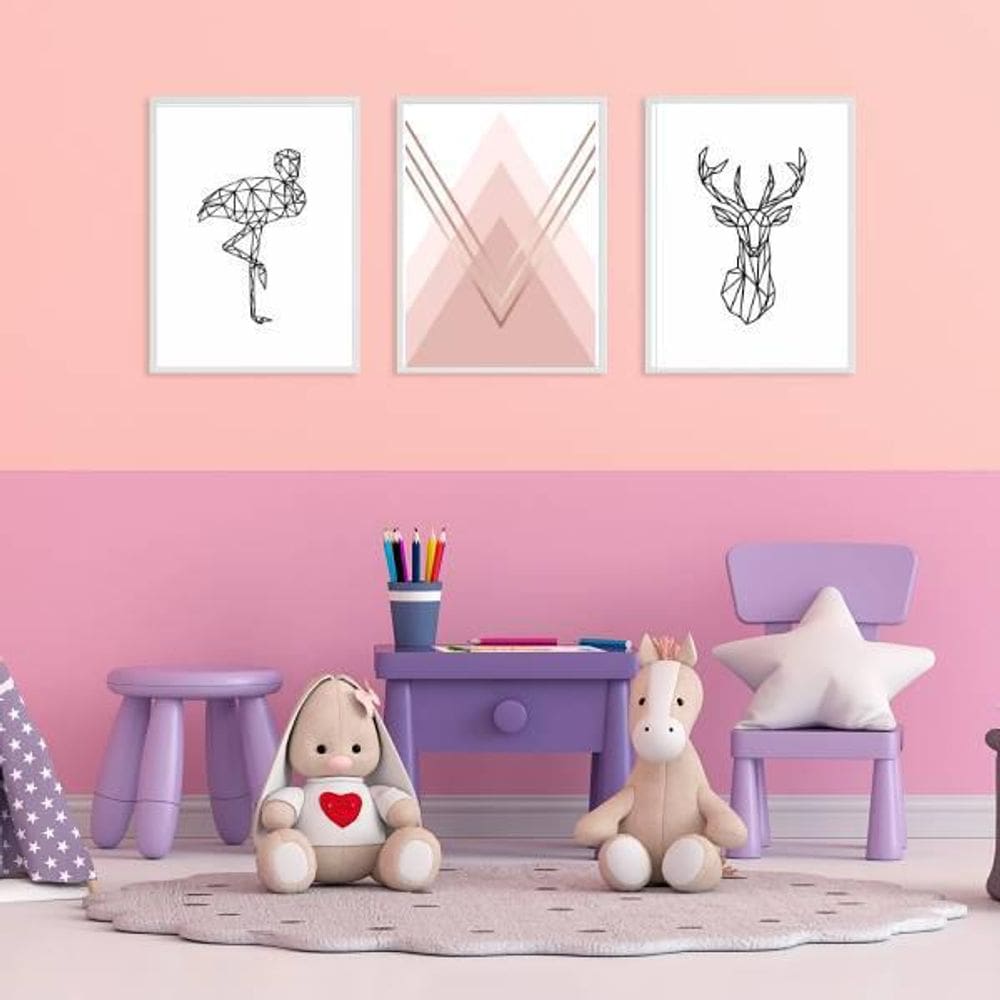 Kit 03 Quadros Decorativos Flamingo E Alce Geométrico