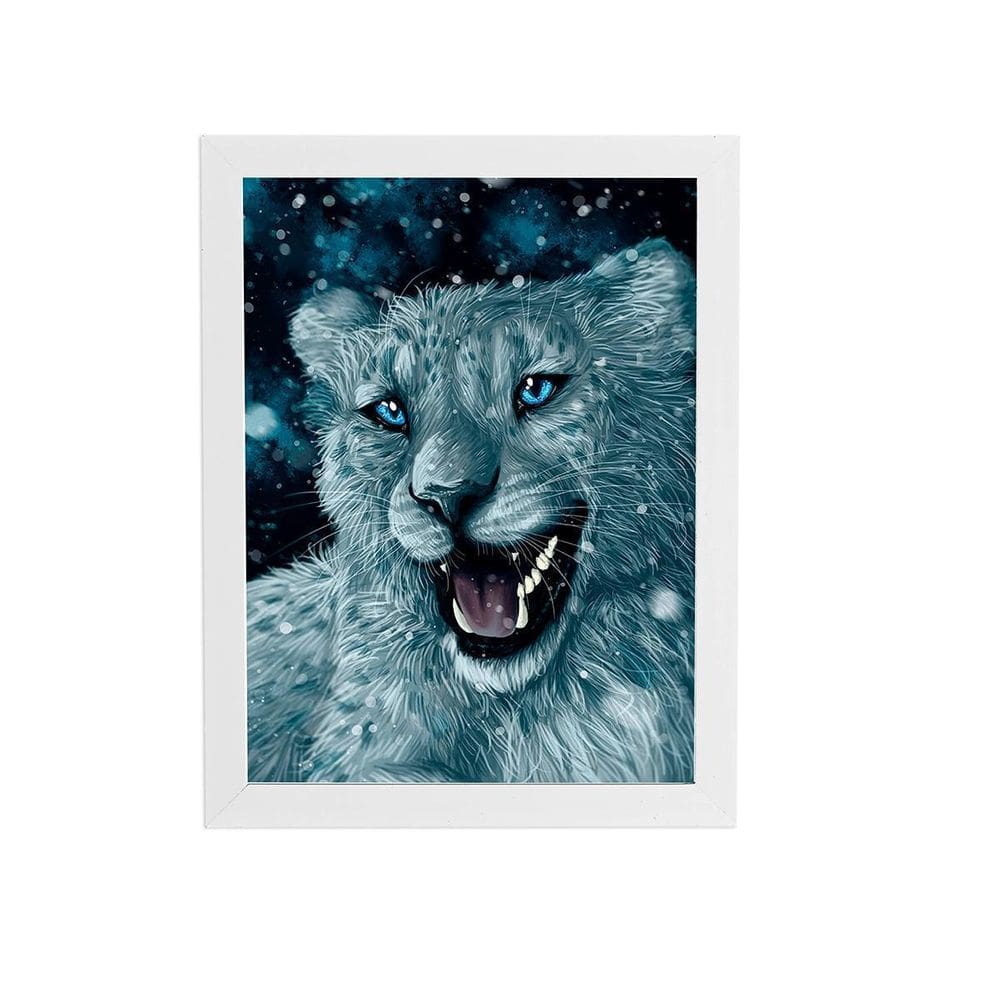 Tigre Branco Olhos Azuis Arte Quadro Moldura Branca 60X40Cm