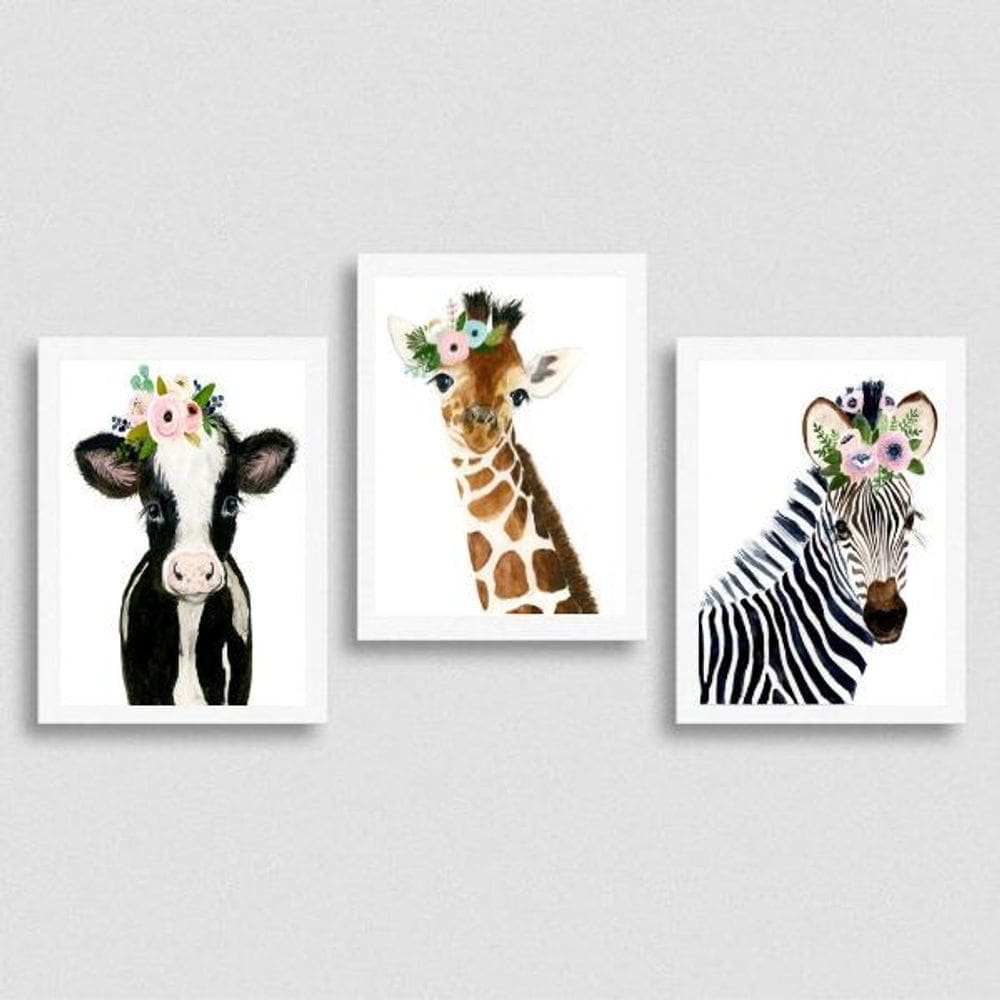 Kit 3 Quadros Animais Coroa Flores 24X18Cm Branca