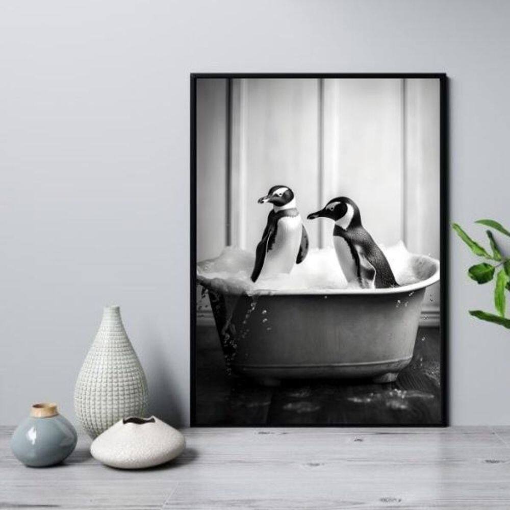 Quadro Para Banheiro Casal De Pinguins 45X34Cm