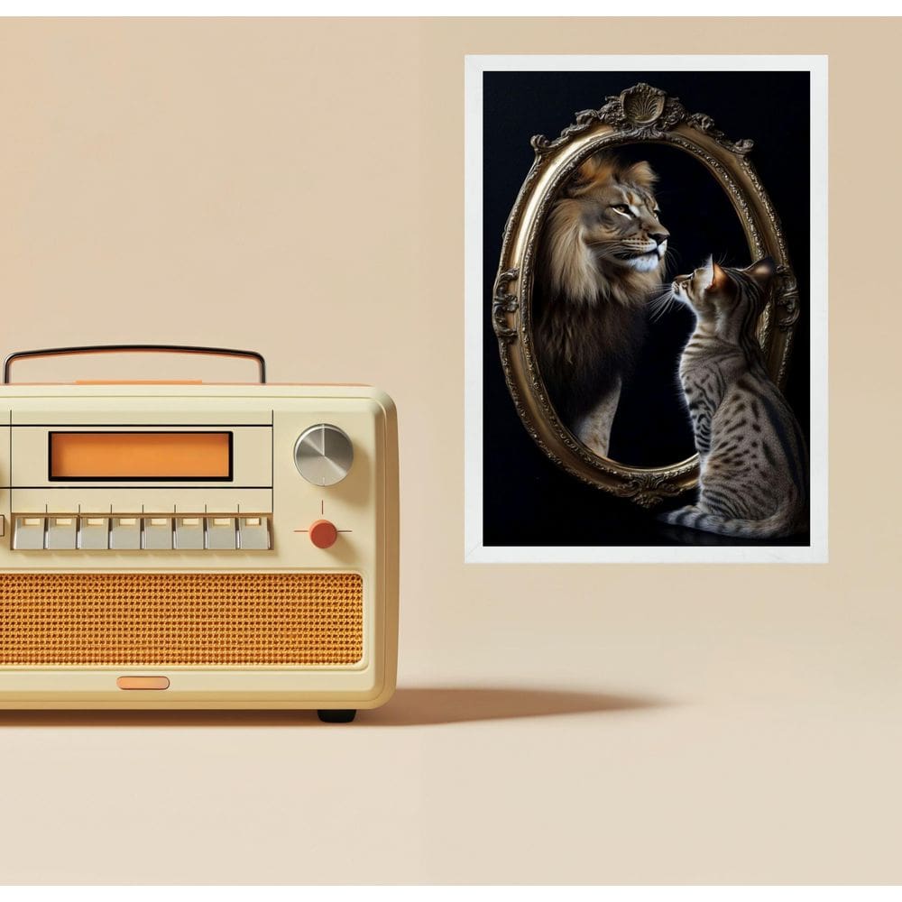 Quadro Gato Olhando Espelho Vendo Leão 24X18Cm
