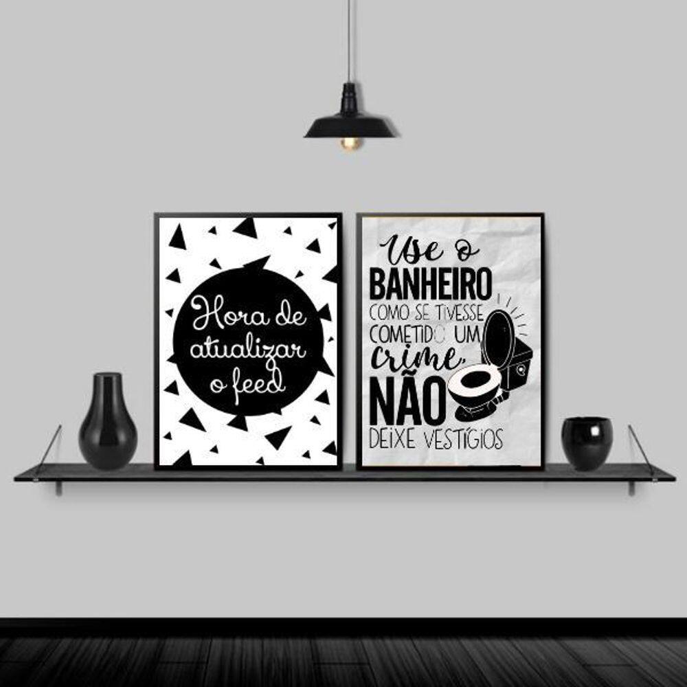 Kit 2 Quadros Divertidos Para Banheiro 33X24 - Madeira Preta