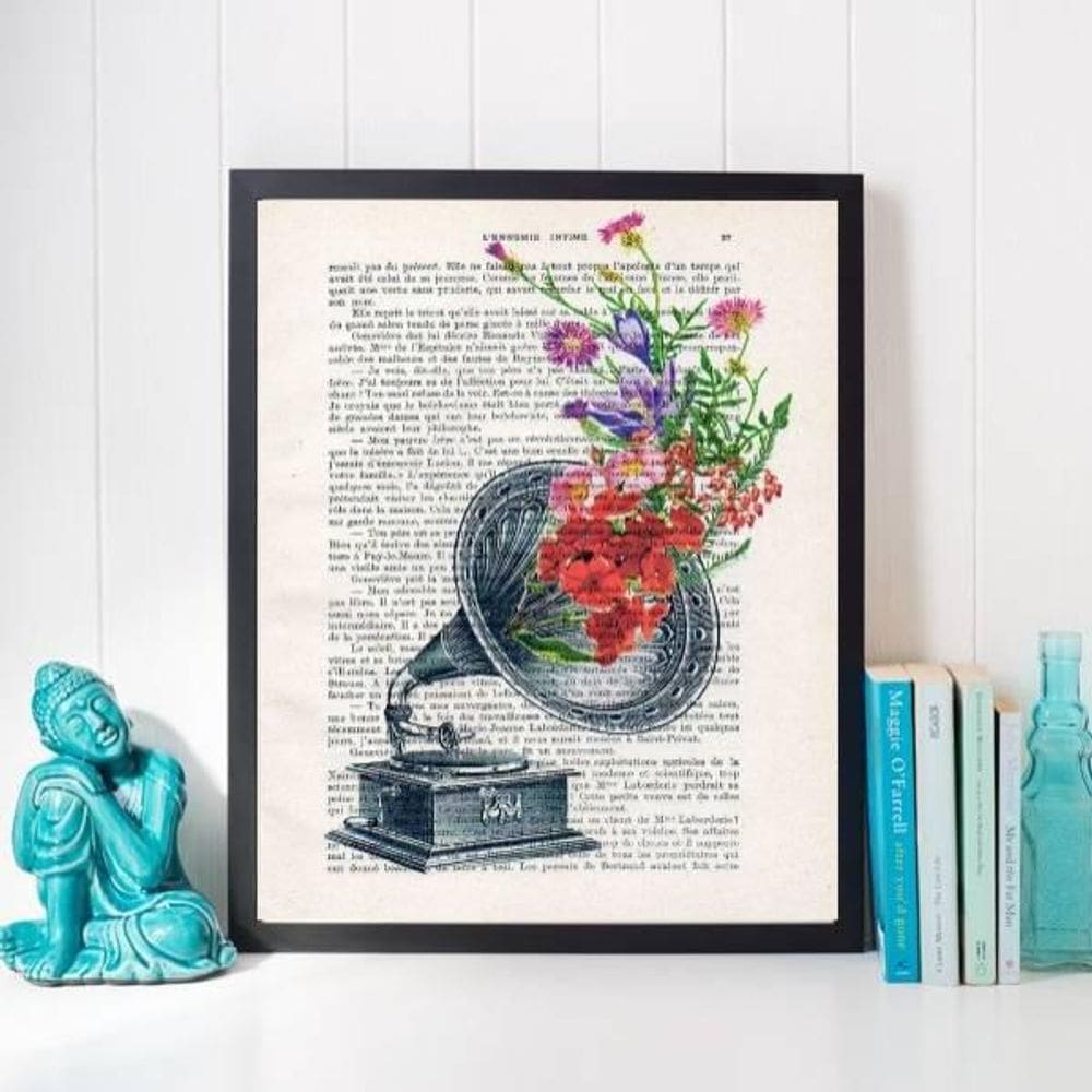 Quadro Decorativo Gramofone Com Flores 45X34Cm