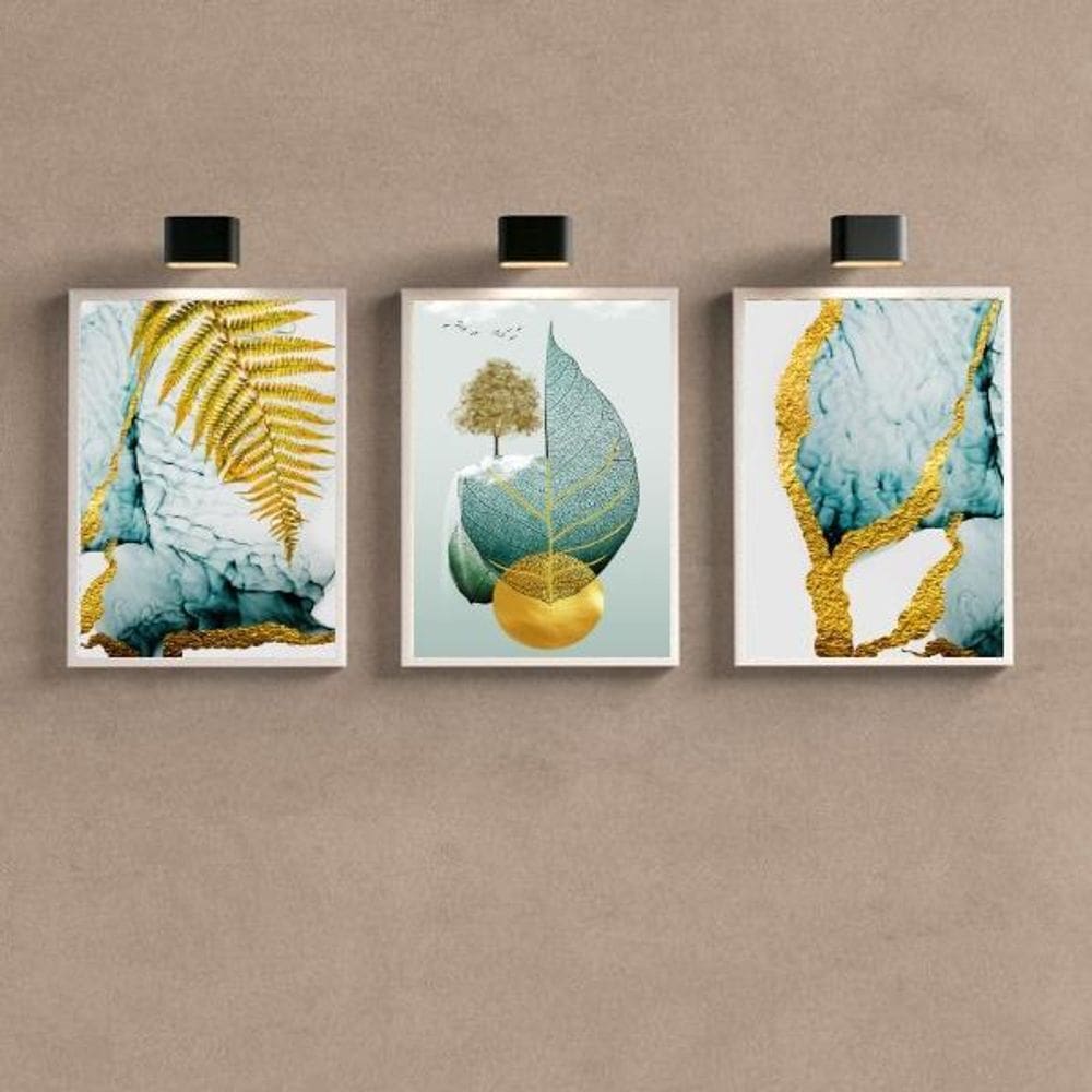 Kit 3 Quadros Folha Dourada 24x18cm Moldura Branca