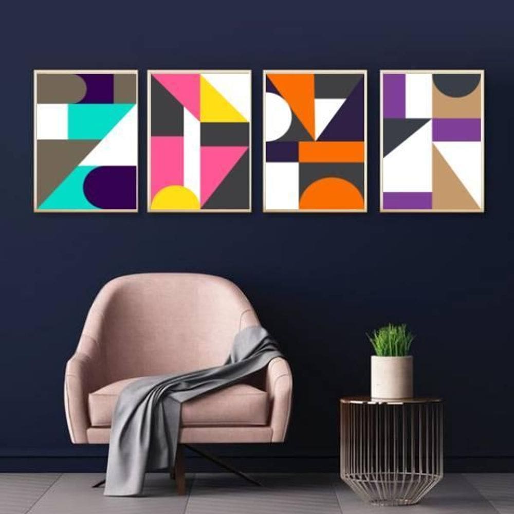 Kit 4 Quadros Geométricos Pantone 45X34Cm Com Vidro Branca