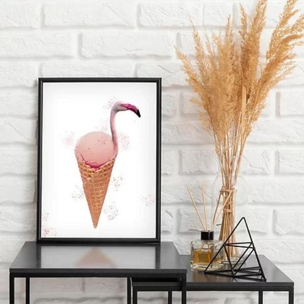 Quadro Decorativo Flamingo Sorvete 24X18Cm - Madeira Preta