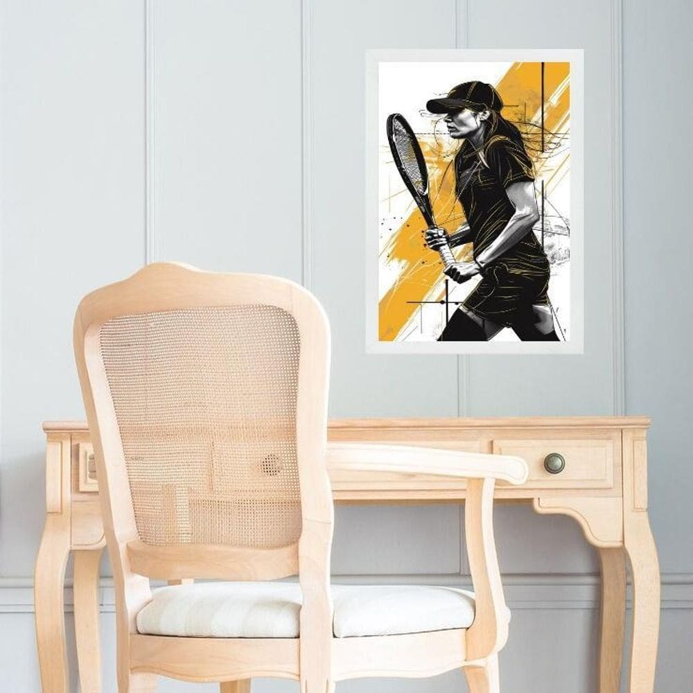Quadro Arte Mulher Tenista - Preto E Amarelo 24X18Cm