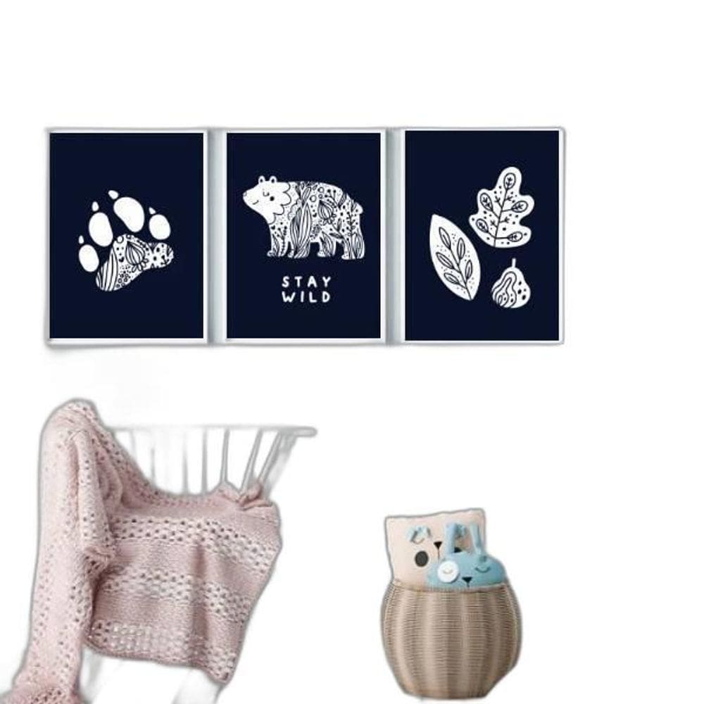 Kit 3 Quadros Urso Escand. Stay Wild 33x24cm - Vidro Branco
