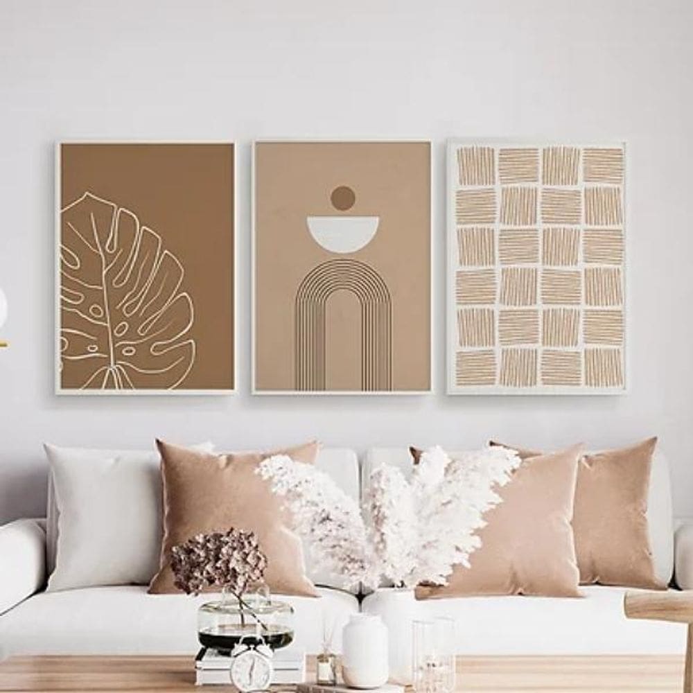 Kit 3 Quadros Abstratos Textura Marrom 45X34 Madeira Branca