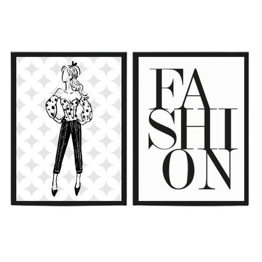 Kit 2 Quadros Moda Feminina Fashion 24X18Cm - Madeira Preta