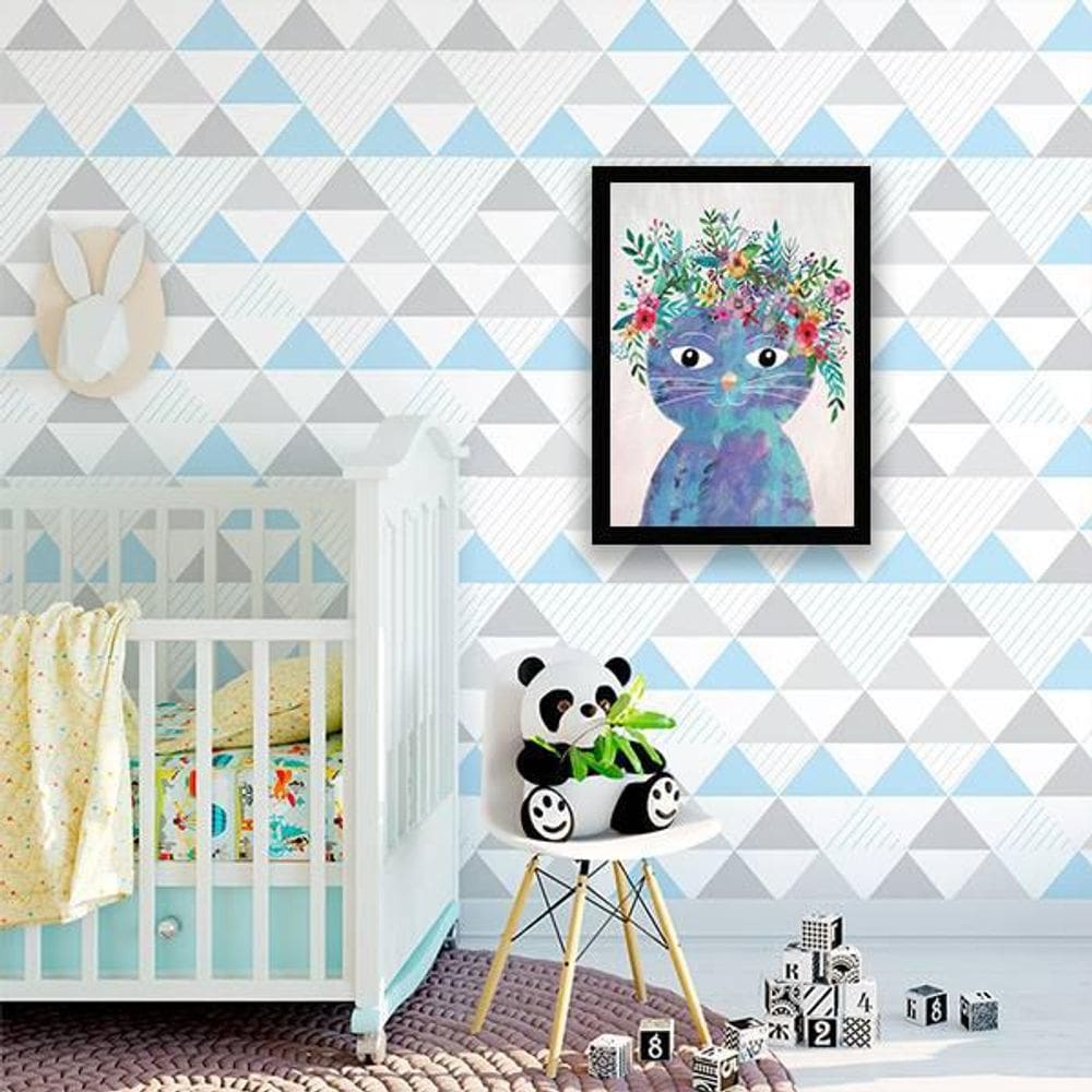 Quadro Decorativo Ilustração Infantil Gatinha Azul