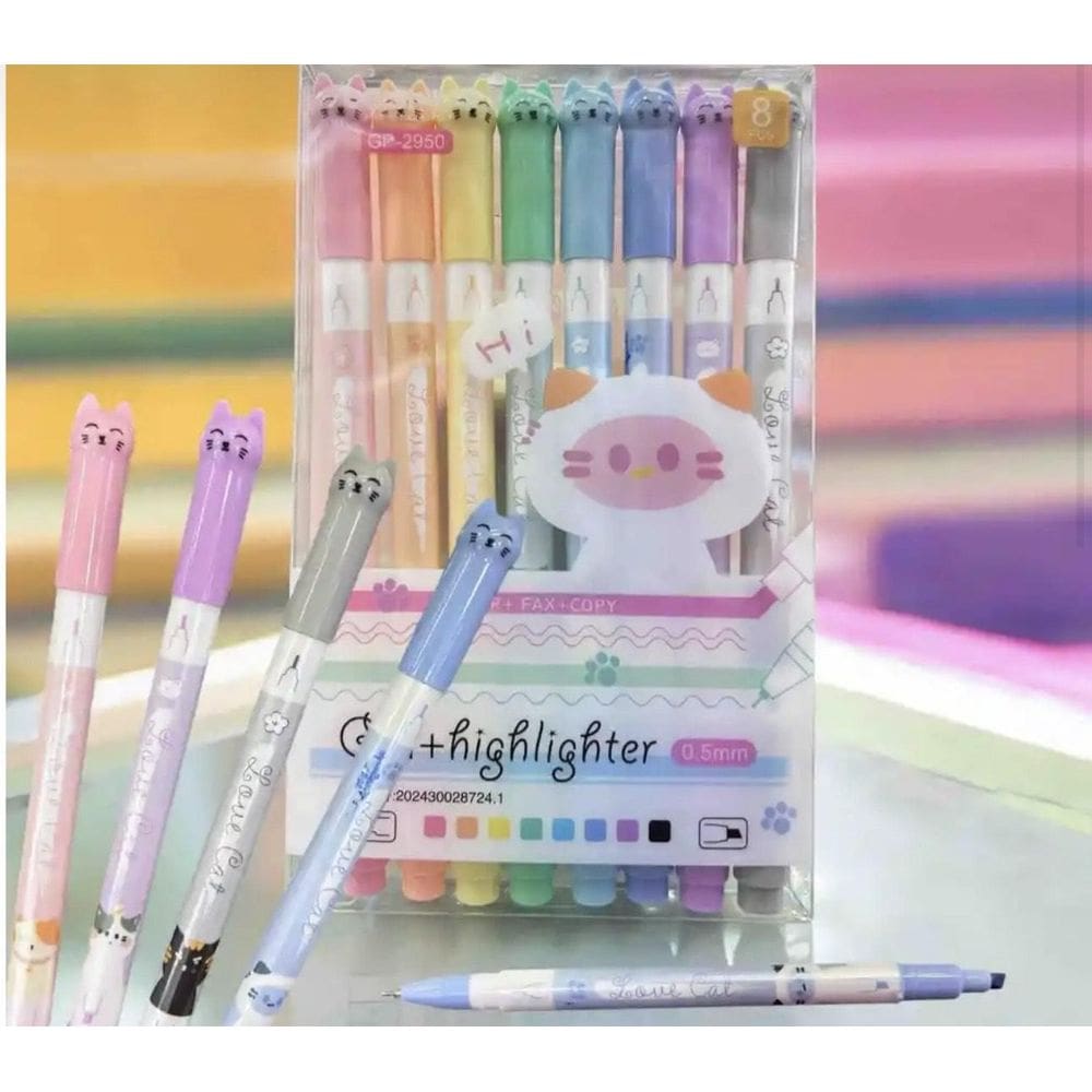 Kit 8 Peças Caneta Gatinho Ponta Dupla, Marca Texto E Ponta