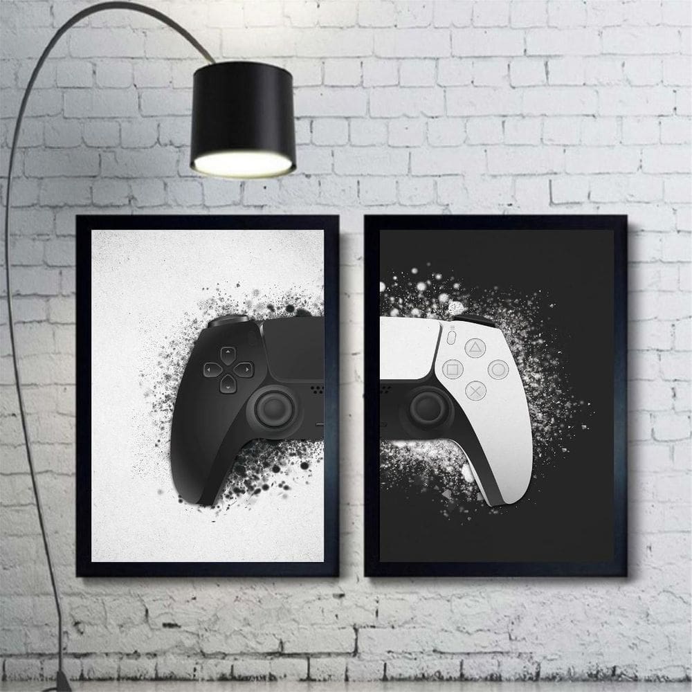 Kit 2 Quadros Controle Vídeo-Game Preto E Branco 24X18Cm