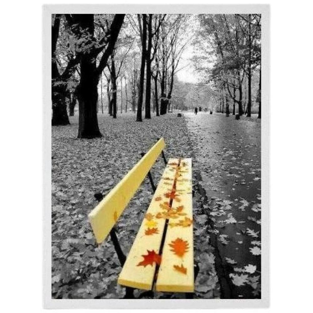 Quadro Fotografia Banco Praça Amarelo Moldura Branca 33X24Cm