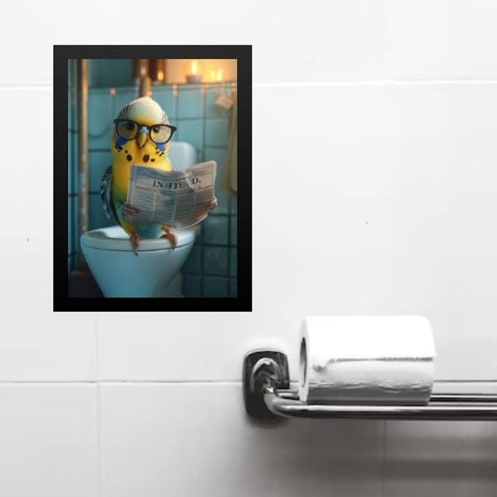 Quadro Divertido Banheiro Periquito Lendo Jornal 33X24Cm