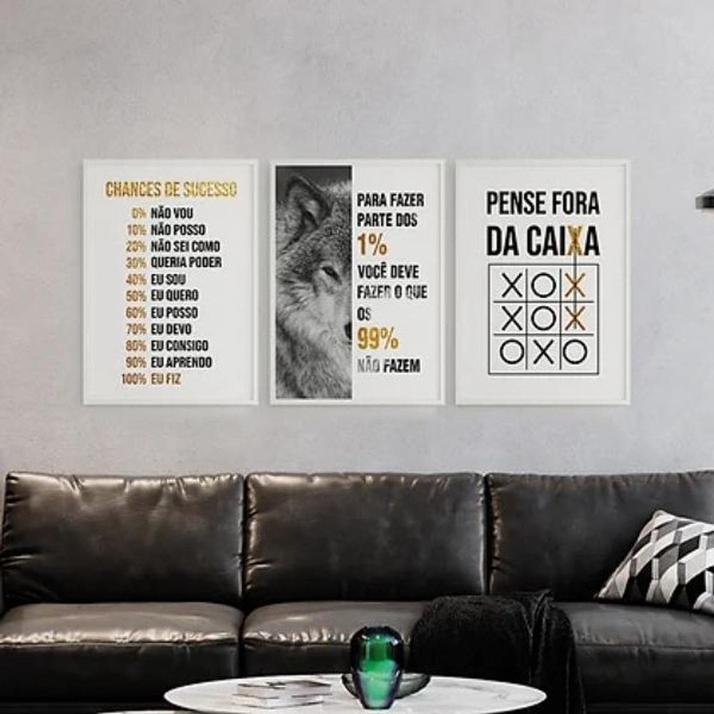 Kit 3 Quadros Lobo Empreendedorismo 45X34Cm Branca