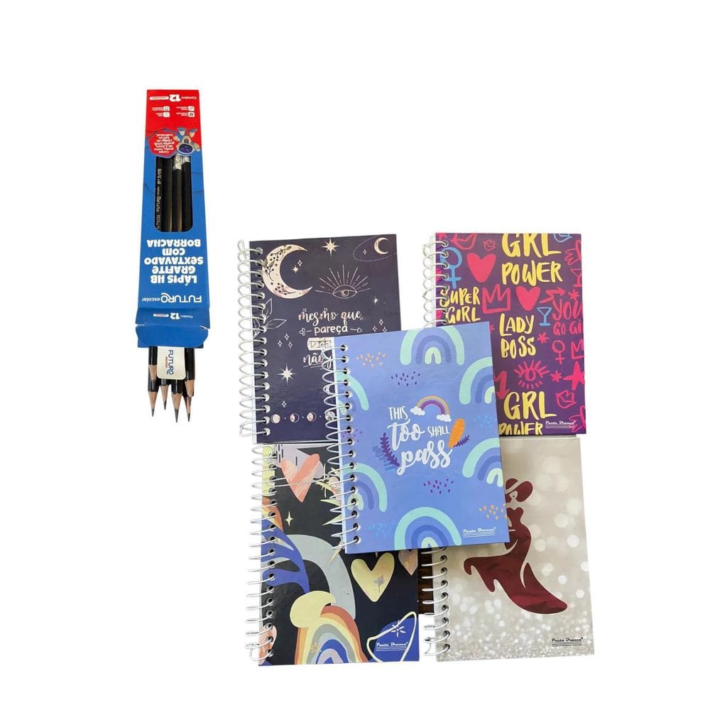 Kit Escolar 12 Lápis Com Borracha + 5 Cadernos 1/8 80 Folhas