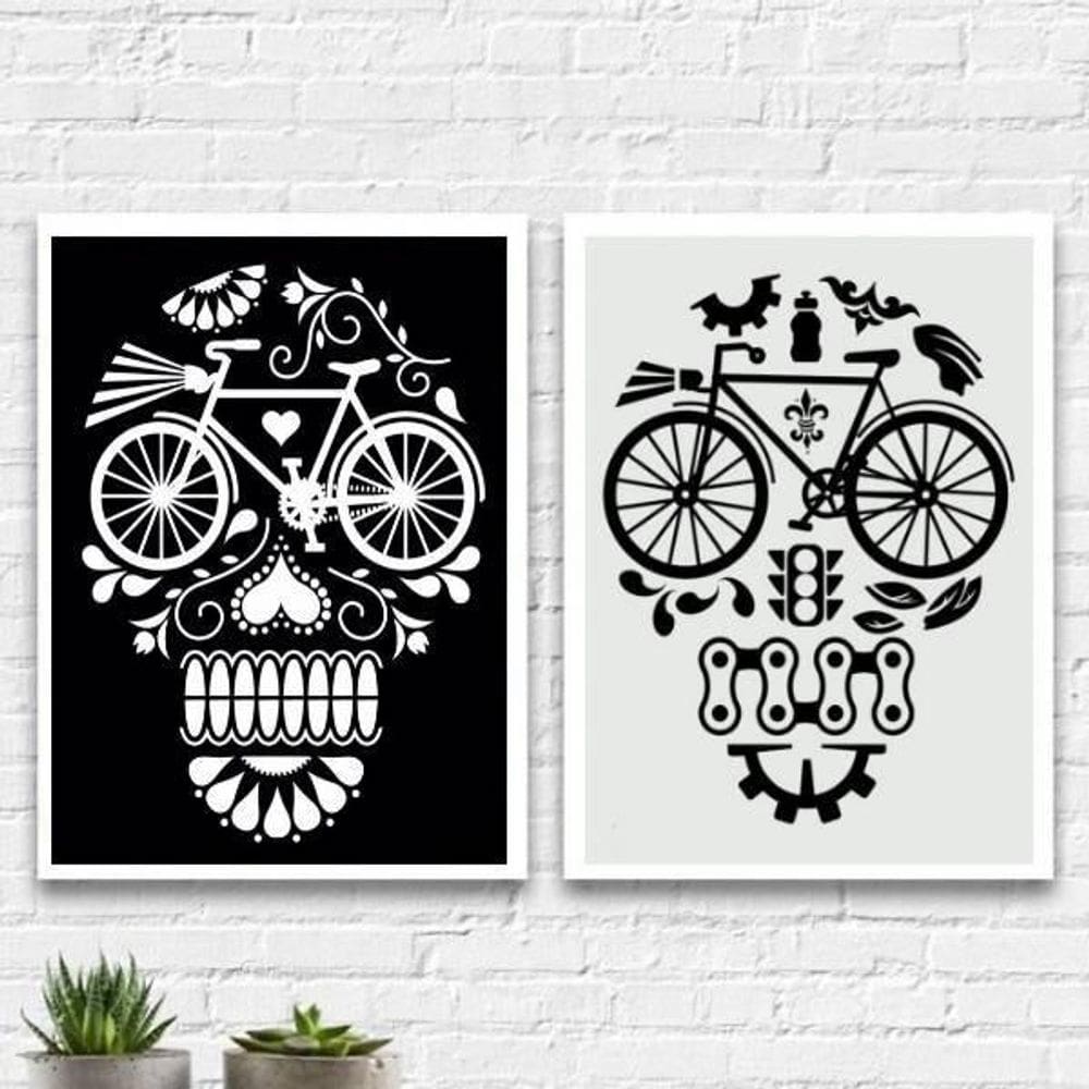 Kit 2 Quadros Caveiras Bicicletas 45X34Cm