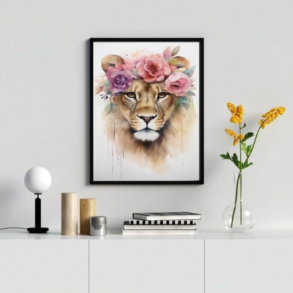Quadro Decorativo Leoa com Coroa 33x24cm - Moldura Branca