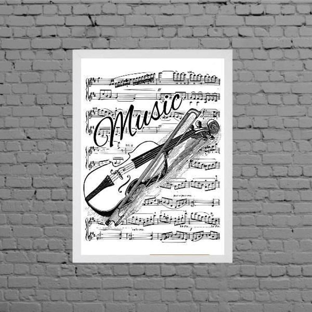 Quadro Decorativo Music Violino 45X34Cm Vidro Moldura Branca