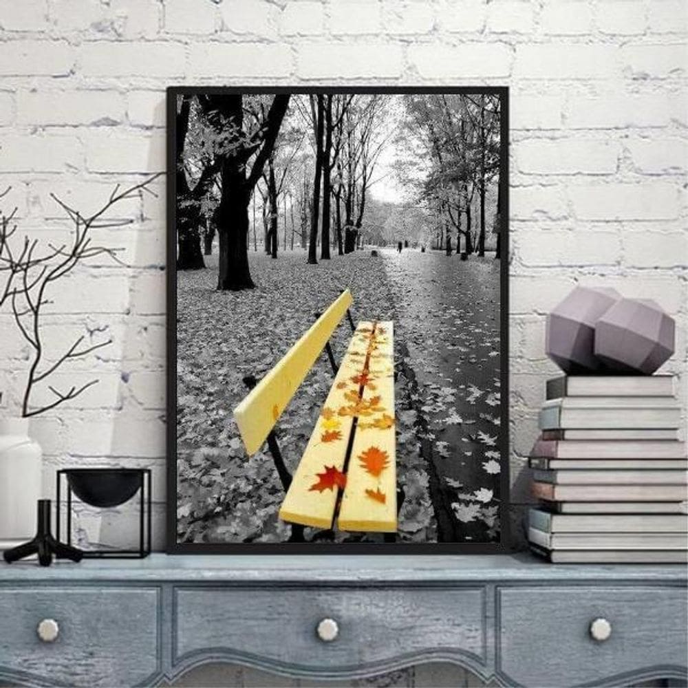 Quadro Fotografia Banco Praça Amarelo 45X34Cm Madeira Preta