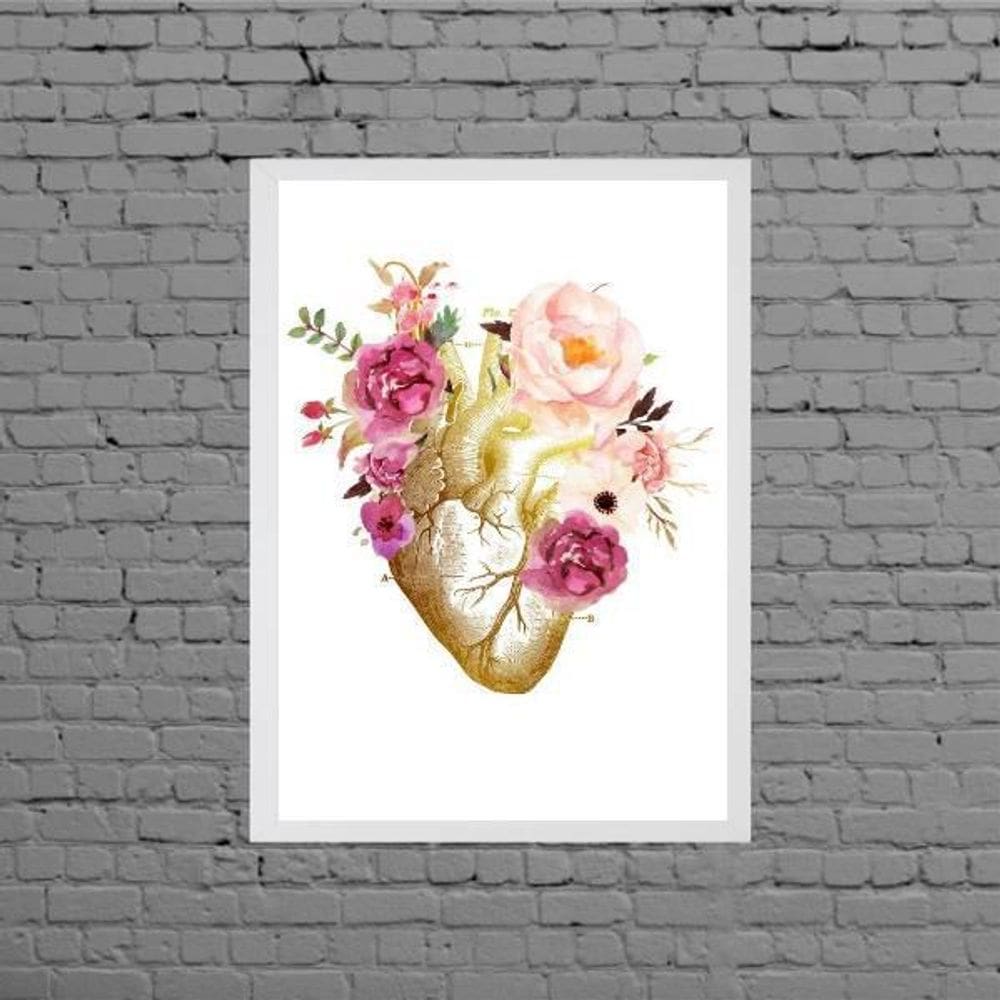 Quadro Decorativo Coração Florido 33X24Cm Moldura Branca