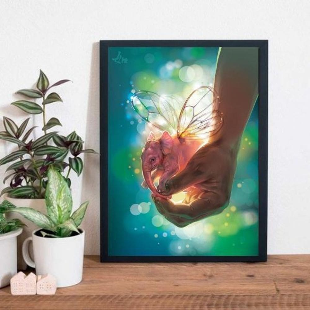 Quadro Elefante Com Asas De Borboleta 45X34Cm Madeira Preta