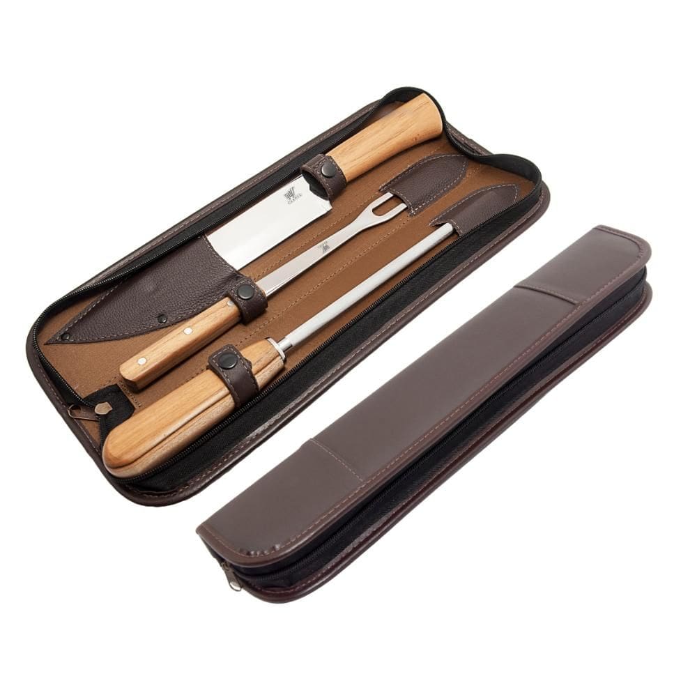 Kit Churrasco Chaira Garfo e Faca Hitita 9 Pol Com Estojo de Couro Carmel Imports