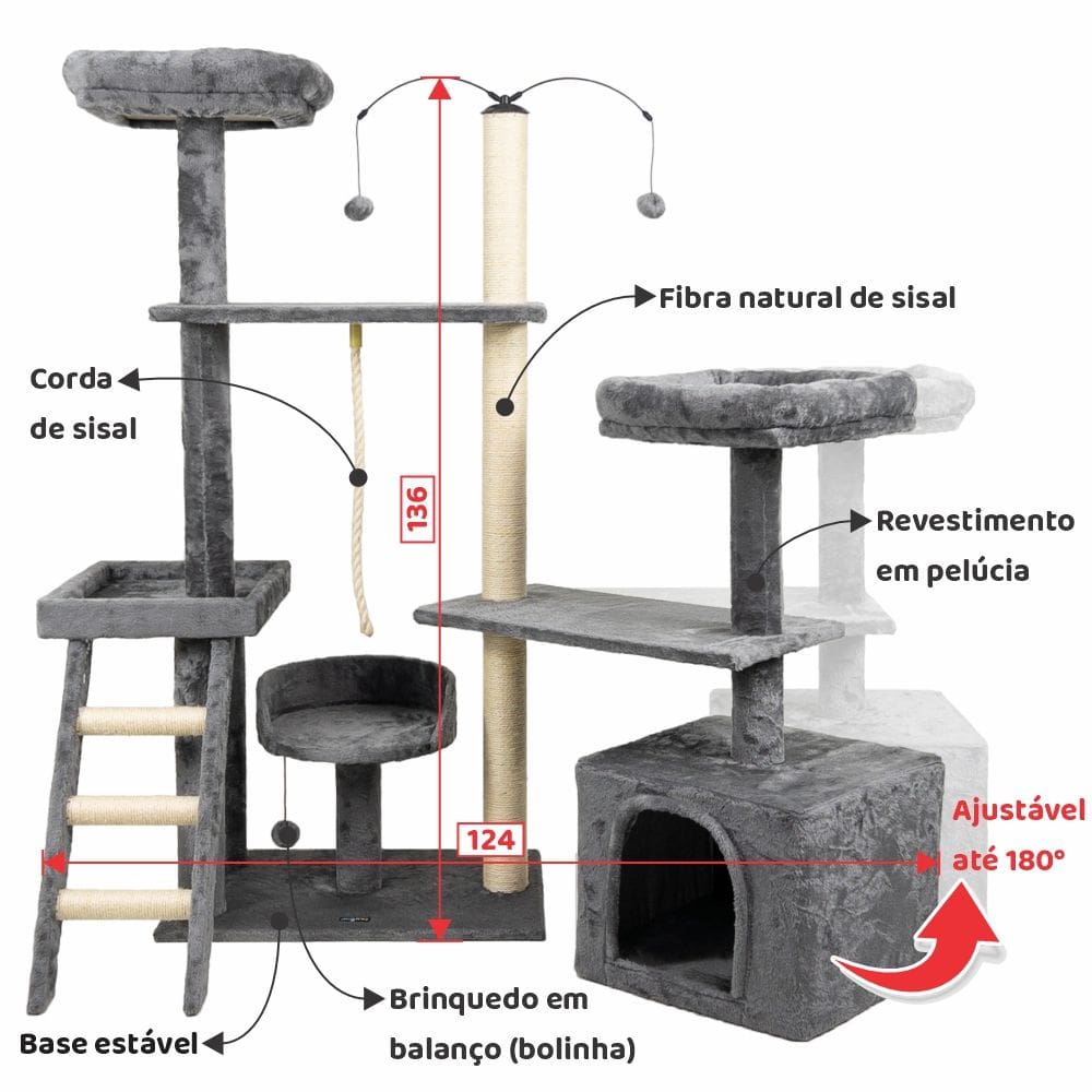 Arranhador de gato grande, luxuoso, ajustável, multifuncional com casa, camas, poleiros, escada e brinquedo giratório
