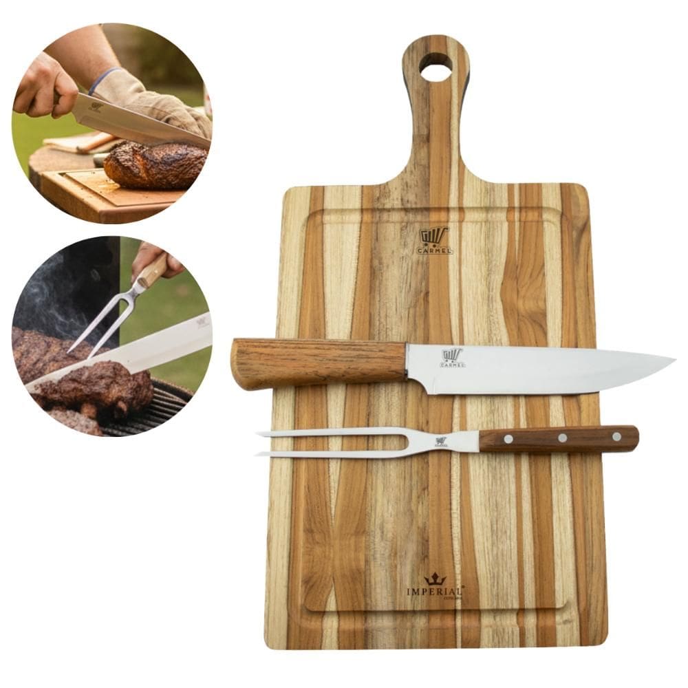 Kit Garfo e Faca Para Churrasco Hitita 8 Pol Com Tábua de Madeira Carmel Imports