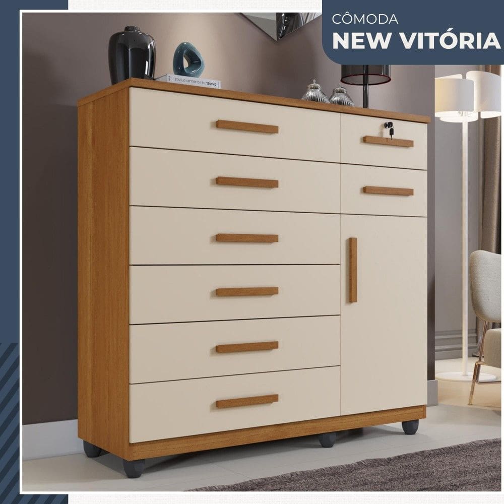Comoda New Vitoria 1 Porta 8 Gavetas em MDP com Chave Benetil Moveis