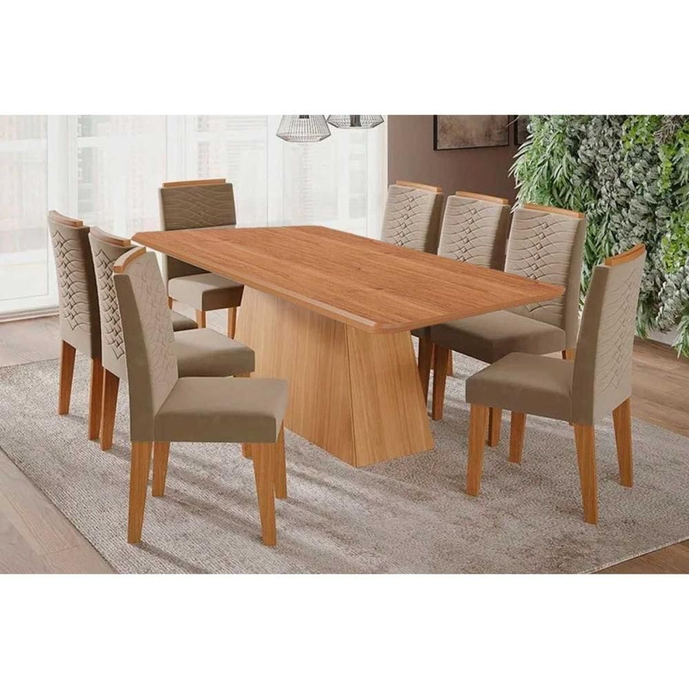 Conjunto: Mesa Sala Jantar Helena Tampo Madeirado 210x100cm e 8 Cadeiras Clarice Cinamomo - Carvalho/Suede Joli Capuccino Cimol