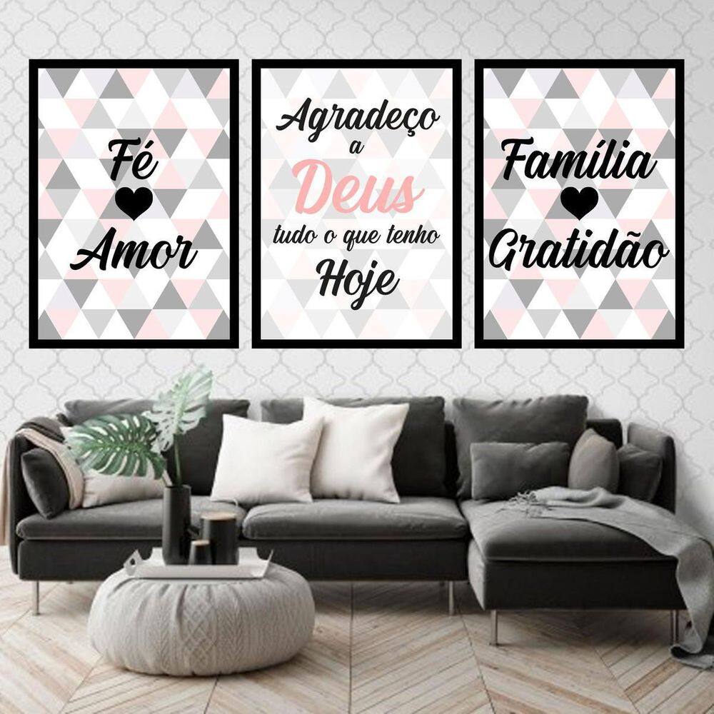 Kit 3 Quadros Decorativos Fé Amor Família Triângulos