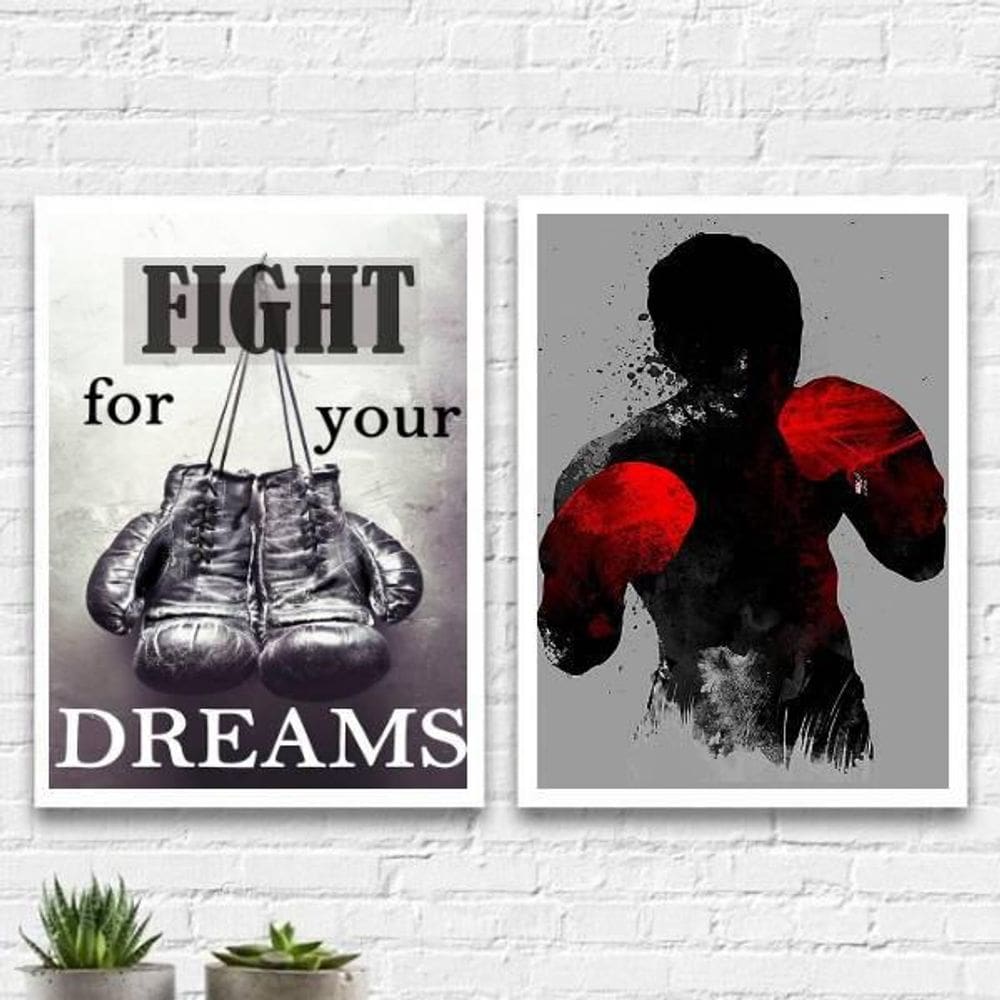 Kit 2 Quadros Boxe Fight For Your Dreams 33X24Cm