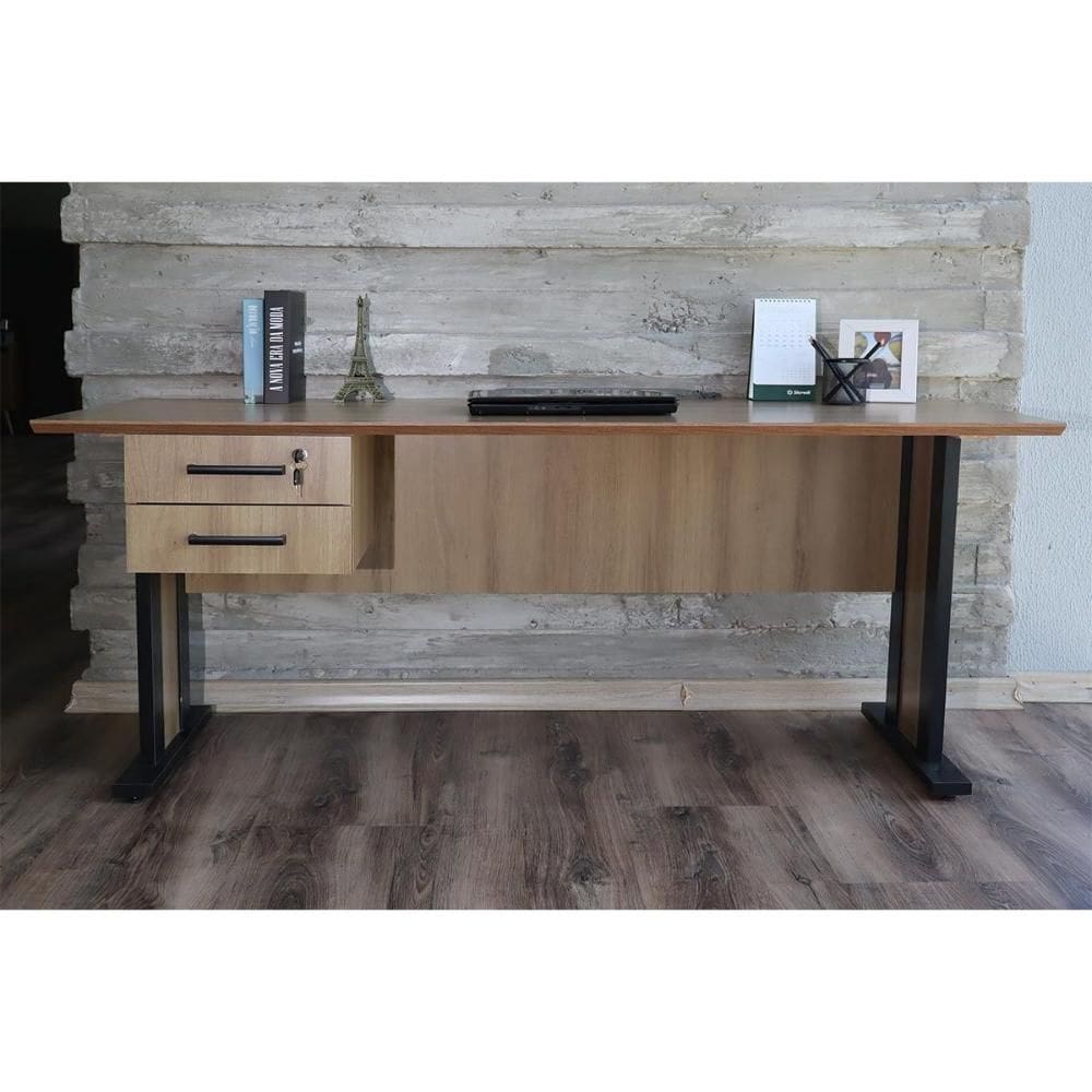 Mesa Multiuso Escritório ME-4193 c/ 2 Gavetas (1 c/ Chave) Amêndoa/Preto - Tecno Mobili
