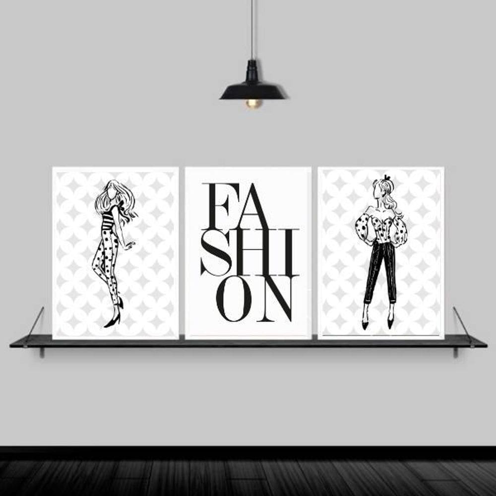 Kit 3 Quadros Moda Feminina Fashion 24X18Cm - Madeira Branca