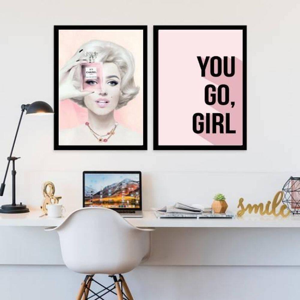 Kit 2 Quadros Fashion Marilyn You Go Girl 24X18Cm Preta