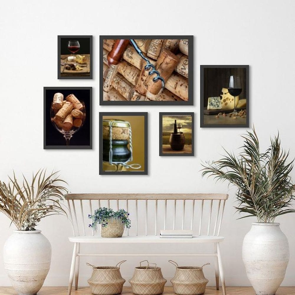 Kit 6 Quadros Rústicos Vinho - Madeira Preta - Decoração