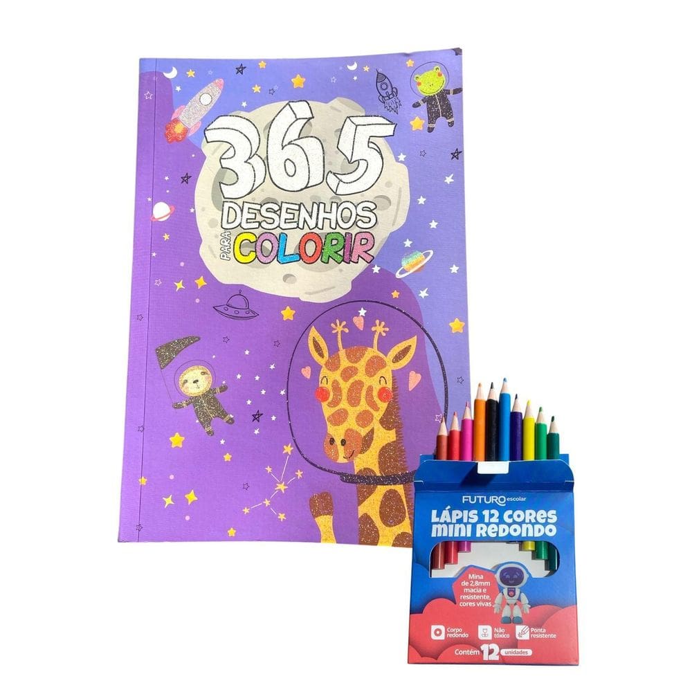 Livro Roxo Infantil 365 Desenhos Colorir+12 Lápis De Cor