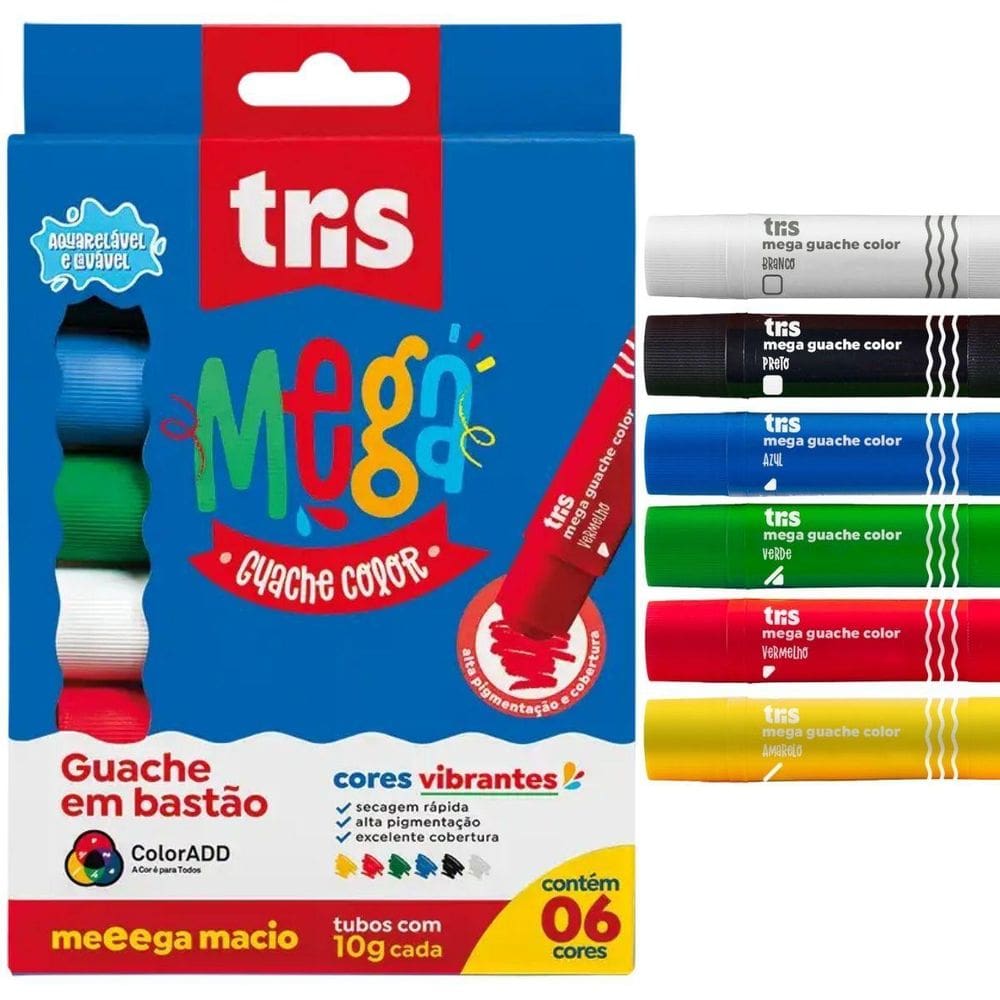 Guache Em Bastão Mega Tons Regulares - 6 Unidades - Tris