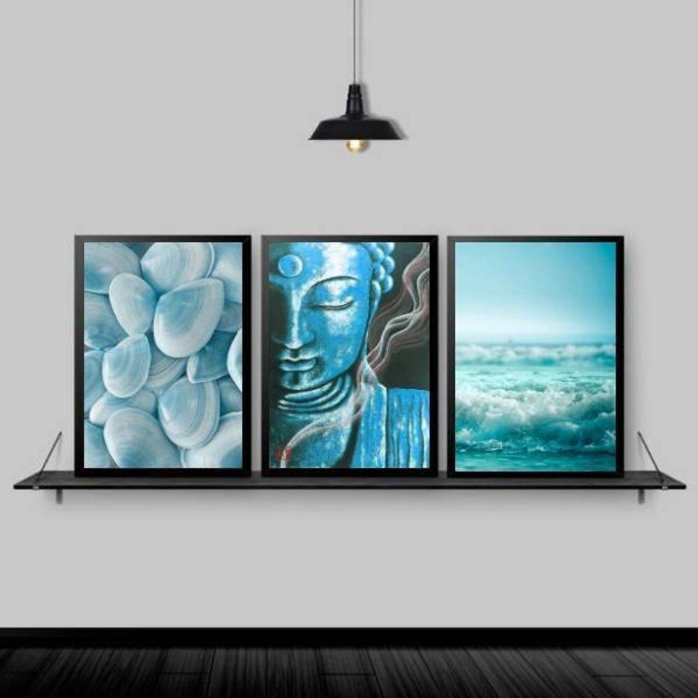 Kit 3 Quadros Zen Buda Mar Azul 45X34 C/Vidro Madeira Preta