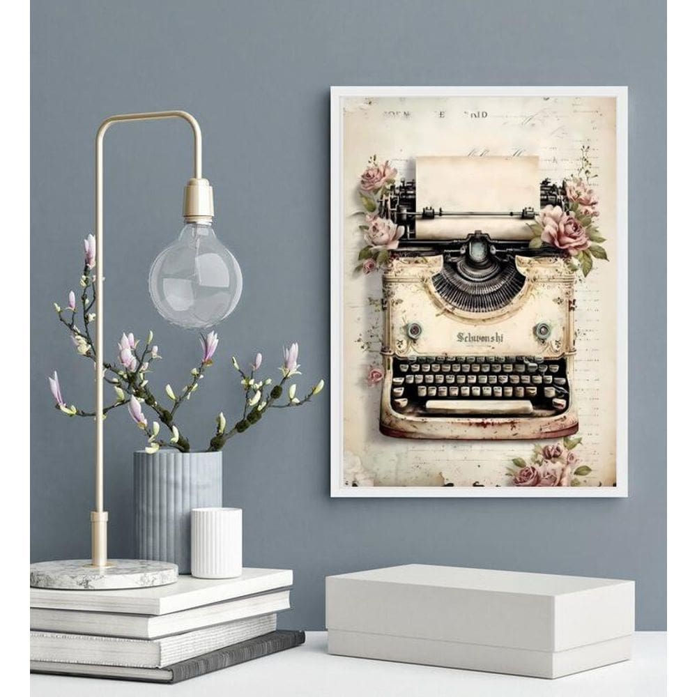 Quadro Decorativo Máquina De Escrever Flores 24X18Cm - Vidro